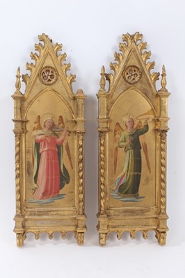 Lot 704 - Good pair of 19th century Italian painted giltwood mediaeval revival religious wall plaques