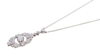 Lot 439 - Art Deco diamond pendant with an openwork plaque of old cut diamonds in millegrain setting on trace chain, estimated total diamond weight approximately 1.6 carats