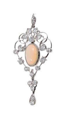 Lot 440 - Edwardian-style opal and diamond pendant with a central oval cabochon opal weighing approximately 2.83 carats in on openwork foliate scroll frame of old cut diamonds estimated to weigh approximatel...