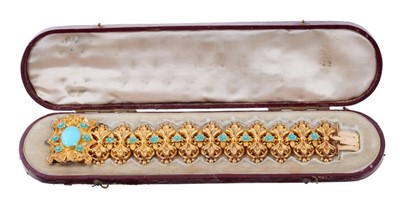 Lot 443 - Late Regency/early Victorian gold and turquoise bracelet, the gold clasp with oval turquoise cabochon surrounded by 6 turquoise forget-me-nots and two-colour gold foliage, the articulated panels in...