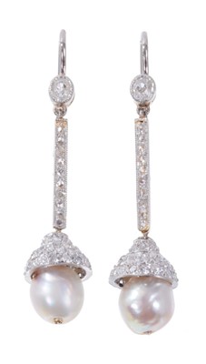 Lot 459 - Pair of natural pearl and diamond pendant earrings, each with a natural saltwater pearl with pavé set old cut diamond mount, suspended from a line of rose cut diamonds surmounted by millegrain coll...