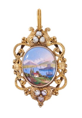 Lot 476 - 19th century Swiss gold and enamel pendant, converted from a clasp, with oval polychrome enamel plaque depicting lake and mountains,in a gold mount with pearls and foliate scrolls, 60mm x 35mm