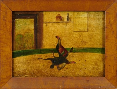 Lot 923 - Set of four mid-19th century oils on panel - Cockfighting scenes, in maple veneered frames, 22cm x 31cm