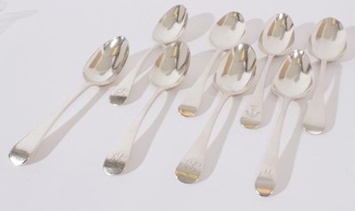 Lot 240 - Composite set of eight Georgian Old English patter silver desert spoons, most with engraved initials and armorials (various dates and makers), all at approximately 8.5oz