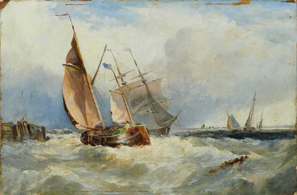 Lot 1064 - Edwin Hayes (1820-1904) oil on board laid on panel - vessels in squally seas off the coast, unframed, 23cm x 35cm