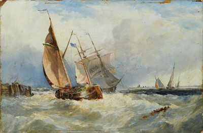 Lot 1064 - Edwin Hayes (1820-1904) oil on board laid on panel - vessels in squally seas off the coast, unframed, 23cm x 35cm