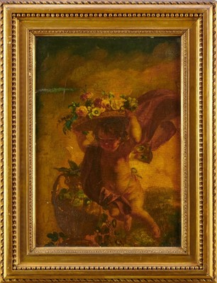 Lot 1063 - French School, 18th century oil on panel - a winged putto with a basket of flowers and ornamental urn beyond, in gilt frame, 31cm x 23cm