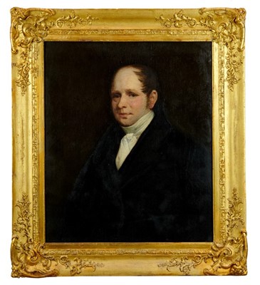 Lot 1062 - English School, early 19th century, oil on canvas - a portrait of a gentleman wearing white cravat, in original gilt frame, 75cm x 62cm