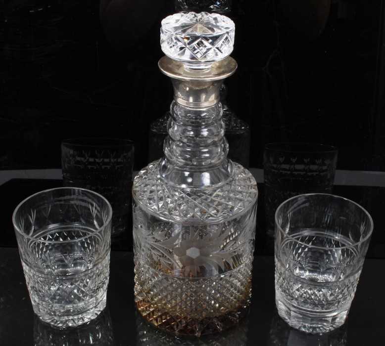 Lot 89 - Silver mounted cut glass decanter and pair of brandy glasses