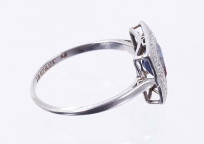 Lot 500 - Art Deco style sapphire and diamond cluster ring with a square step cut blue sapphire surrounded by a border of single cut diamonds in platinum millegrain setting on 18ct white gold shank. Ring siz...