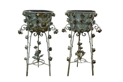 Lot 1343 - Pair of decorative painted jardinières decorated with rose  heads