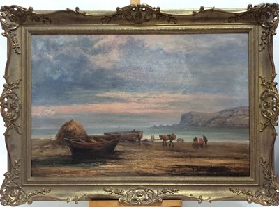 Lot 248 - John Holland Snr. Oil on canavs- coastal scene of hay transport boats and workers on the shore