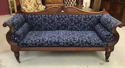 Lot 1327 - Regency magoany sofa with carved frame, on tapered fluted legs terminating on brass castors