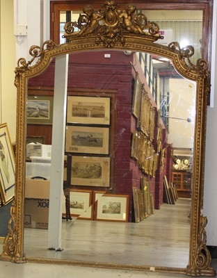 Lot 1336 - Victorian gilt overmantel mirror with cherub and swag cresting, 200cm high x 152cm wide