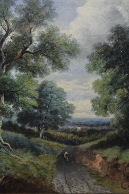 Lot 426 - After John Constable, 19th century, oil on canvas - figures in a lane, in gilt frame