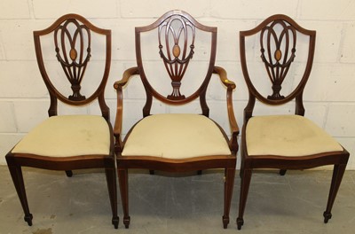 Lot 1330 - Five Edwardian inlaid mahogany dining chairs with shield-shaped backs