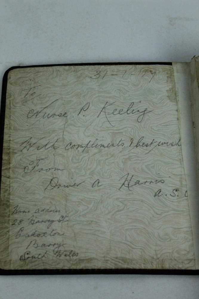 Lot 1093 - WW1 Nurse's autograph album belonging to Nurse Phyllis Keeling Earls Voluntary Aid Detachment (VAD) Red Cross Earls Colne Hospital Earls Colne Village Hall. Humorous verses and sketches dedicated t...