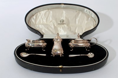 Lot 254 - George V Silver three piece cruet set of cauldron form on hoof feet, the salt and mustard with removable blue glass liners (Birmingham 1922), maker Elkington & Co, together with associated silver s...