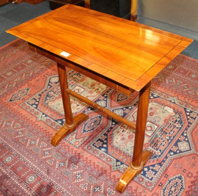 Lot 623 - 19th century Biedermeier satinwood side table with crossbanded top, frieze drawer on turned colomn supports and scroll end standards 72 cm wide