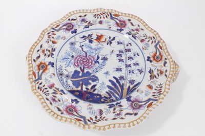 Lot 119 - Late Georgian Spode china Officers Mess regimental warming dish with blue printed mark to reverse 'H.M. 44th Regt' (The East Essex) - Imari palette floral decoration to front, 28cm diameter