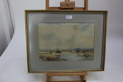 Lot 1143 - Jack Cox (1914-2007) oil on board - cockle pickers, framed, 45cm x 71cm, together with a watercolour by Cox, Low Tide, in glazed frame, 24cm x 35cm