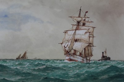 Lot 1167 - Frederick James Aldridge (1850-1933) two watercolours - 'Shortening Sail', signed and inscribed, 31cm x 55cm and Shipping off the Coast, signed, 26cm x 38cm, both in glazed frames p