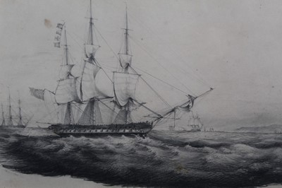Lot 67 - Charles Bentley (1806-1854) pencil drawing - shipping off the coast, initialled and dated April 2nd 1833, in glazed frame, 24cm x 41cm