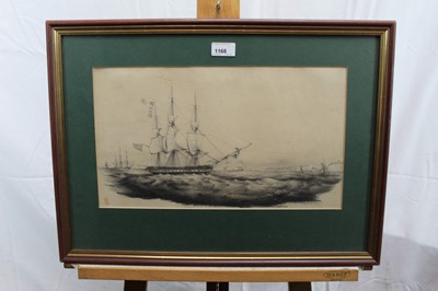 Lot 119 - Charles Bentley (1806-1854) pencil drawing - shipping off the coast, initialled and dated April 2nd 1833, in glazed frame, 24cm x 41cm
