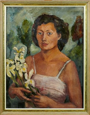 Lot 1172 - Benton End School, mid-20th century, oil on canvas - portrait of a lady holding a bunch of irises, a female nude oil sketch verso, framed, 66cm x 51cm