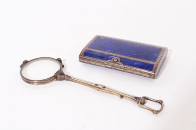 Lot 300 - 19th Century Continental white metal snuff box of rectangular form, set with panels of Lapis Lazuli, hinged cover revealing gilded interior (apparently unmarked) together with a pair of silver and...
