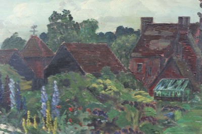 Lot 1173 - Benton End School, 1940s oil on board - a view of Benton End House from the garden, monogrammed and inscribed Hadleigh, framed, 25cm x 45cm