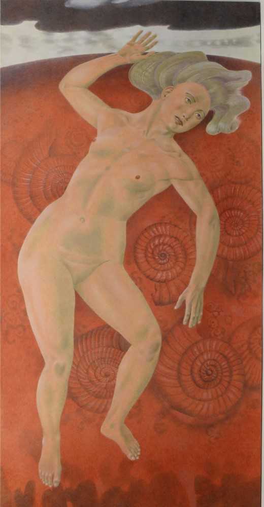 Lot 1198 - Francis Plummer (1930-2019) large egg tempera on board - female figure among ammonites, initialled and dated '12, unframed, 245cm x 123cm