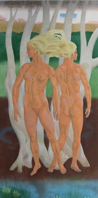 Lot 1197 - Francis Plummer (1930-2019) large egg tempera on board - two female figures in woodland, initialled and dated '13, unframed