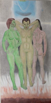 Lot 1196 - Francis Plummer (1930-2019) large egg tempera on board - three figures, initialled and dated 15.10.14, unframed, 245cm x 123cm, together with two further unfinished works of the same size