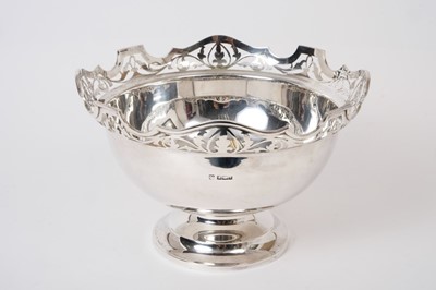Lot 315 - George V Silver Monteith style Rose bowl of circular form with pierced foliated decoration, raised on pedestal foot, (Sheffield 1911), maker Martin Hall & Co, all at 23oz, 25cm in diameter
