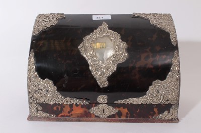 Lot 321 - Victorian leather stationary box with Tortoiseshell and silver mounts, sloped hinged cover opening to reveal fitted interior, together with a similar desk blotter, (London 1892), Maker, William Com...