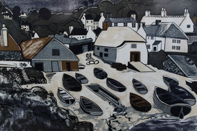 Lot 1186 - *Graham Clarke (b.1941) signed limited edition linocut - Cadgwith, 16/50, in glazed frame, 47.5cm x 76cm