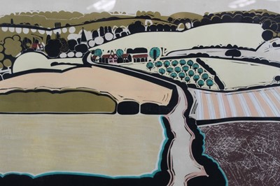 Lot 1187 - Graham Clarke (b. 1941), signed limited edition linocut - Chalk Hill, 7 / 100, in glazed gilt frame, 49.5cm x 67cm