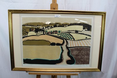 Lot 1187 - Graham Clarke (b. 1941), signed limited edition linocut - Chalk Hill, 7 / 100, in glazed gilt frame, 49.5cm x 67cm