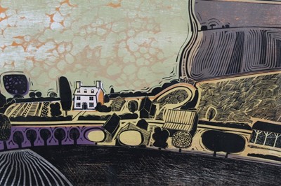 Lot 1188 - *Graham Clarke (b. 1941), signed limited edition linocut - Big Field, 8/100,  in glazed gilt frame, 51cm x 68cm