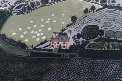 Lot 1189 - *Graham Clarke (b. 1941), signed limited edition linocut - Cottage in the Valley, 4/100, in glazed gilt frame, 48.5cm x 68cm