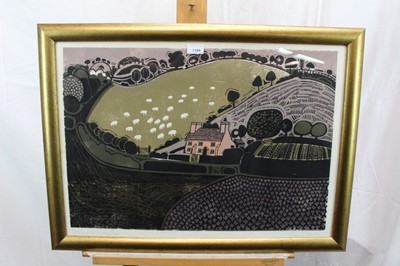 Lot 1189 - *Graham Clarke (b. 1941), signed limited edition linocut - Cottage in the Valley, 4/100, in glazed gilt frame, 48.5cm x 68cm