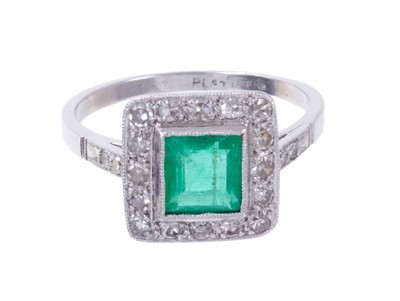 Lot 546 - Emerald and diamond cluster ring with a central square step cut emerald estimated to weigh approximately 0.85cts surrounded by a border of single cut diamonds in platinum millegrain setting with di...