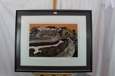 Lot 1190 - *Graham Clarke (b. 1941), signed limited edition woodcut - Bridge at Gweek, 34/50, in glazed gilt frame, 49.5cm x 69cm