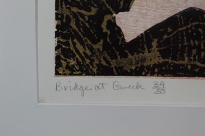 Lot 1190 - *Graham Clarke (b. 1941), signed limited edition woodcut - Bridge at Gweek, 34/50, in glazed gilt frame, 49.5cm x 69cm