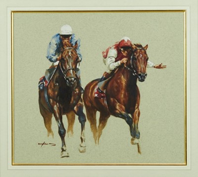 Lot 889 - Late 20th century, English School, gouache on paper - The Final Furlong, indistinctly signed, in glazed gilt frame, 34cm x 39cm