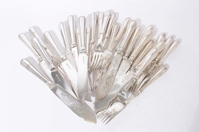 Lot 366 - Good Quality Victorian silver plated fish cutlery set comprising six knives and six forks engraved with fish, with beaded handles, together with another similar set comprising eight knives and eigh...