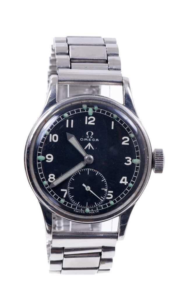 Lot 576 - Omega British military W.W.W. wristwatch, the circular black dial with military broad arrow, white enamel Arabic numerals and minute track with luminous hour markers, white hands and subsidiary sec...