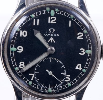 Lot 576 - Omega British military W.W.W. wristwatch, the circular black dial with military broad arrow, white enamel Arabic numerals and minute track with luminous hour markers, white hands and subsidiary sec...