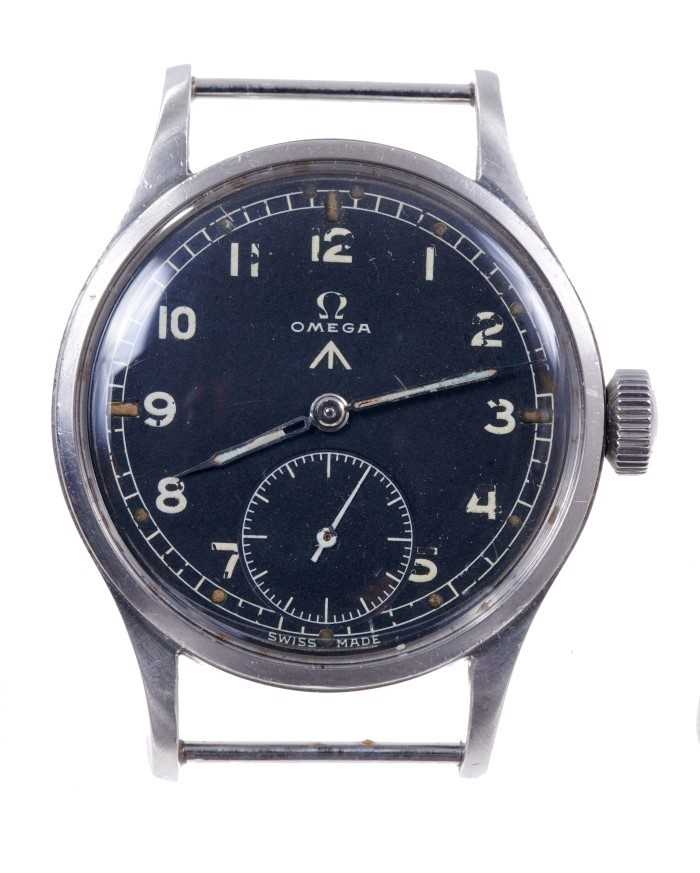 Lot 577 - Omega British military W.W.W. wristwatch, the circular black dial with military broad arrow, white enamel Arabic numerals and minute track with luminous hour markers, white hands and subsidiary sec...